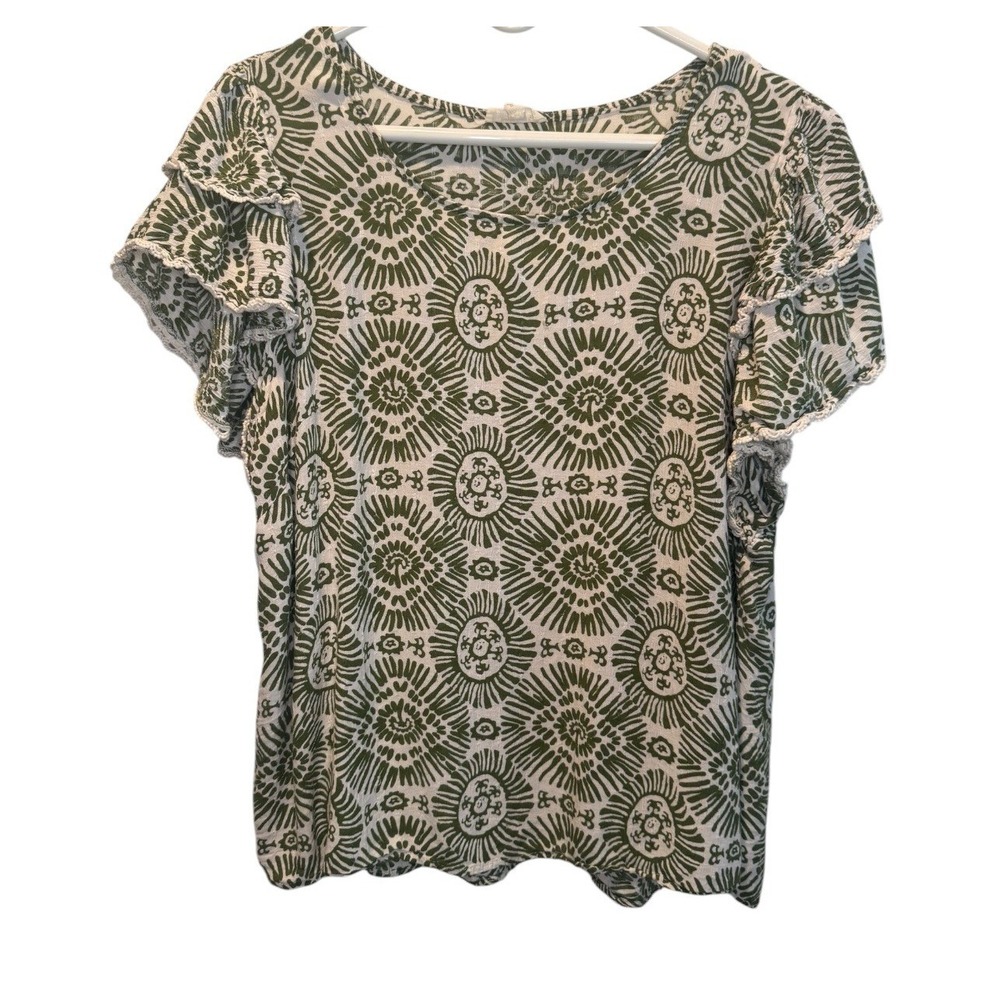 Haute Hippie Style Green White Medallion Short Ruffle Sleeve Top 1X Peasant